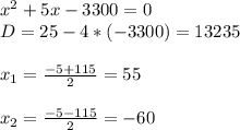 x^2+5x-3300=0 \\ 
D=25-4*(-3300)=13235 \\ \\ 
x_1= \frac{-5+115}{2} =55 \\ \\ 
x_2= \frac{-5-115}{2} =-60