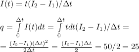 I(t) = t(I_2-I_1)/\Delta t\\\\
q = \int\limits_{0}^{\Delta t}I(t)dt = \int\limits_{0}^{\Delta t}tdt(I_2-I_1)/\Delta t = \\\\
=\frac{(I_2-I_1)(\Delta t)^2}{2\Delta t} = \frac{(I_2-I_1)\Delta t}{2} = 50/2 = 25