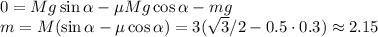 0 = Mg\sin\alpha - \mu M g\cos\alpha - mg\\
m = M(\sin\alpha-\mu\cos\alpha) = 3(\sqrt{3}/2-0.5\cdot0.3) \approx 2.15