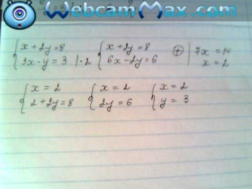 Решите систему уравнений х+2у=8 3х-у=3