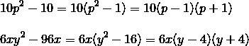 Разложите на множители а) 10р^2-10 б)6ху^2-96х