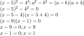 (x-5)^2=4^4 ; a^2-b^2 = (a-b)(a+b) \\
(x-5)^2-4^2=0 \\
(x-5-4)(x-5+4)=0 \\
(x-9)(x-1)=0 \\
x-9 = 0; x = 9 \\
x-1=0; x = 1 \\