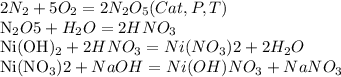 2N_{2}+5O_{2}=2N_{2}O_{5} (Cat, P,T)

N_{2}O{5}+H_{2}O=2HNO_{3}

Ni(OH)_{2}+2HNO_{3}=Ni(NO_{3})2 + 2H_{2}O

Ni(NO_{3})2+NaOH=Ni(OH)NO_{3}+NaNO_{3}