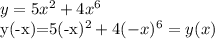 y=5x^2+4x^6

y(-x)=5(-x)^2+4(-x)^6=y(x)
