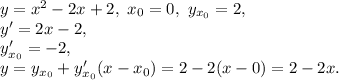 y= x^{2} -2x+2, \ x_0=0, \ y_{x_0}=2, \\ y'=2x-2, \\ y'_{x_0}=-2, \\ y=y_{x_0}+y'_{x_0}(x-x_0)=2-2(x-0)=2-2x.
