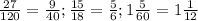\frac{27}{120} = \frac{9}{40};
 \frac{15}{18} = \frac{5}{6};
1 \frac{5}{60} = 1 \frac{1}{12}