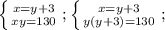\left \{ {{x=y+3} \atop {xy=130}} \right. ;
 \left \{ {{x=y+3} \atop {y(y+3)=130}} \right. ;
