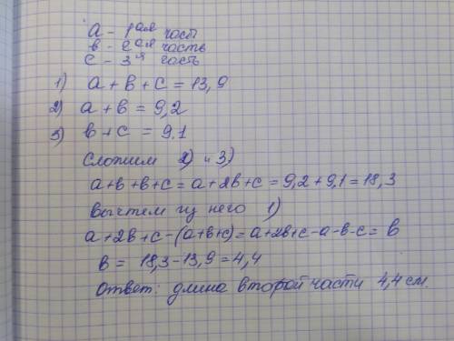 Отрезок,длиной 13,9 см, разделили на три части. длина первой и второй его части составляет 9,2 см, а