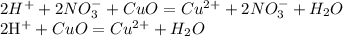 2 H^{+} +2 NO_{3} ^{-} +CuO = Cu^{2+} + 2NO_{3}^{-} + H_{2}O

2H^{+}+CuO=Cu^{2+} + H_{2}O