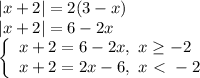 |x+2|=2(3-x)
\\\
|x+2|=6-2x
\\\
\left\{\begin{array}{l} x+2=6-2x, \ x \geq -2 \\ x+2=2x-6, \ x \ \textless \ -2 \end{array}