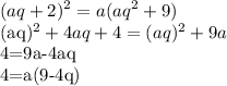 \displaystyle (aq+2)^2=a(aq^2+9)

(aq)^2+4aq+4=(aq)^2+9a

4=9a-4aq

4=a(9-4q)
