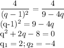 \displaystyle \frac{4}{(q-1)^2}= \frac{4}{9-4q}

(q-1)^2=9-4q

q^2+2q-8=0

q_1=2; q_2=-4