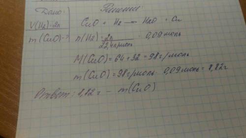 Вычислите массу оксида меди cuo, которую можно полностью восстановить, 2 л водорода h2 (н.у)