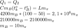 Q_1=Q_2\\
Cm_B(t_k^o-t_B^o)=Lm_\pi\\
4200m_B*(100-50)=2,1*10^6m_\pi\\
210000m_B=2100000m_\pi\\
m_B=10m_\pi