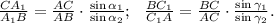 \frac{CA_1}{A_1B}=\frac{AC}{AB}\cdot \frac{\sin\alpha_1}{\sin \alpha_2}; \ \ \frac{BC_1}{C_1A}=\frac{BC}{AC}\cdot \frac{\sin \gamma_1}{\sin \gamma_2}.