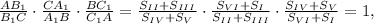 \frac{AB_1}{B_1C}\cdot \frac{CA_1}{A_1B}\cdot \frac{BC_1}{C_1A}= \frac{S_{II}+S_{III}}{S_{IV}+S_{V}}\cdot \frac{S_{VI}+S_{I}}{S_{II}+S_{III}}\cdot \frac{S_{IV}+S_{V}}{S_{VI}+S_{I}}=1,