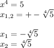 x^4=5 \\
x_{1,2}=+- \sqrt[4]{5} \\ \\
x_1= -\sqrt[4]{5}\\
x_2=\sqrt[4]{5}