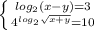 \left \{ {{log_2(x-y)=3} \atop {4^{log_2\sqrt{x+y}}=10}} \right.