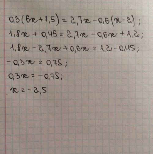 Решите уравнение 0,3(6х+1,5) = 2,7х - 0,6 (х-2)