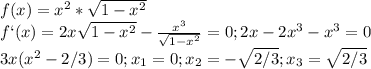 f(x) = x^{2} * \sqrt{1-x^2} \\ 
f`(x) = 2x \sqrt{1-x^2} - \frac{x^3}{ \sqrt{1-x^2} } = 0; 2x - 2x^3 - x^3 = 0 \\ 
3x(x^2 - 2/3) = 0; x_1 = 0; x_2 = - \sqrt{2/3} ; x_3 = \sqrt{2/3} \\ 
