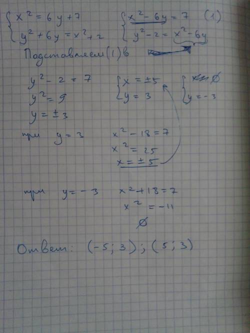 Решите систему уравнений х(2)=6у+7 х(2)+2=6у+у(2) х(2)- х в квадрате у(2)- у в квадрате их соединяет