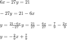 6x - 27y = 21 \\ \\ 
-27y = 21 - 6x \\ \\ 
y = \frac{21-6x}{-27}
y = \frac{21}{27} - \frac{6x}{27} = \frac{7}{9} - \frac{2x}{9} \\ \\ 
y = -\frac{2}{9}x + \frac{7}{9} 
