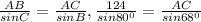 \frac{AB}{sinC} = \frac{AC}{sinB} , 
 \frac{124}{sin80 ^{0} } = \frac{AC}{sin 68^{0} }