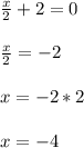 \frac{x}{2} + 2 = 0 \\ \\
 \frac{x}{2} = -2 \\ \\
x = -2 * 2 \\ \\
x = -4
