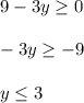 9-3y \geq 0 \\ \\
-3y \geq -9 \\ \\
y \leq 3