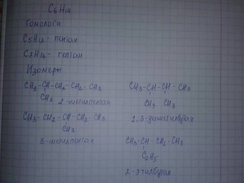 Составить все возможные изомеры для c6h14 ( гексан) и написать 2 гомолога(1 с меньшей цепью и 1 с бо