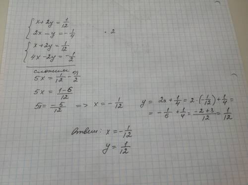 Х+2у=1/12 2х-у=-1/4 решите систему 15