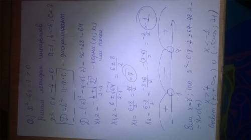 Решите неравенство методом интервала a)x^2-6x-7> 0 б)x^2+2x-48< 0