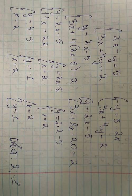 Решите систему уравнений: 2x-y=5 3x+4y=2