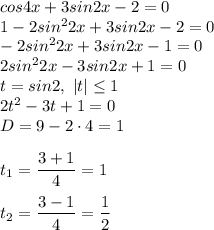 cos4x + 3sin2x - 2 = 0 \\ 
1 - 2sin^22x + 3sin2x - 2 = 0 \\ 
-2sin^22x + 3sin2x - 1 = 0 \\ 
2sin^22x - 3sin2x + 1 = 0 \\ 
t = sin2, \ |t| \leq 1 \\ 
2t^2 - 3t + 1 = 0 \\
D = 9 - 2 \cdot 4 = 1 \\ \\
t_1 = \dfrac{3 + 1}{4} = 1 \\ \\
t_2 = \dfrac{3 - 1}{4} = \dfrac{1}{2}
