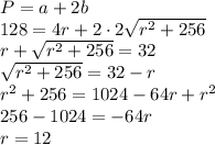P = a + 2b \\
128 = 4r + 2 \cdot 2 \sqrt{r^2 + 256} \\ 
r + \sqrt{r^2 + 256} = 32 \\ 
 \sqrt{r^2 + 256} = 32 - r \\ 
r^2 + 256 = 1024 - 64r + r^2 \\ 
256 - 1024 = -64r \\
r = 12