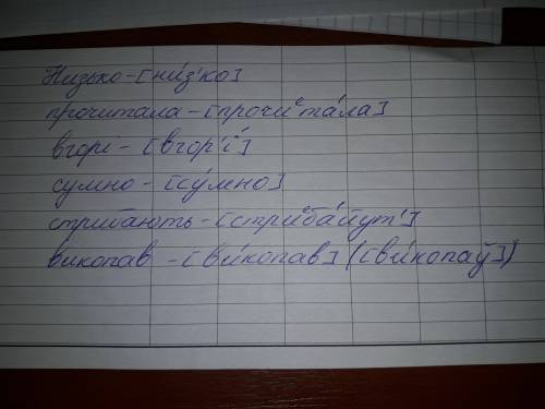 Яка транскрипція до слів низько прочитала вгорі сумно стрибають викопав
