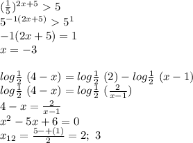 (\frac{1}{5})^{2x+5}\ \textgreater \ 5\\
5^{-1(2x+5)}\ \textgreater \ 5^{1} \\{-1(2x+5)=1} \\x=-3\\
\\
log\frac{1}{2}\ (4-x) =log\frac{1}{2}\ (2)-log\frac{1}{2}\ (x-1)\\
log\frac{1}{2}\ (4-x) =log\frac{1}{2}\ ( \frac{2}{x-1} )\\ 4-x= \frac{2}{x-1}\\x^{2}-5x+6=0\\ x_{12}=\frac{5-+(1)}{2}=2; \ 3 

