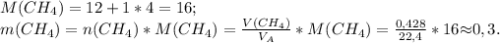 M(CH_4) = 12 + 1 * 4 = 16; \\
m(CH_4) = n(CH_4) * M(CH_4) = \frac{V(CH_4)}{V_A} * M(CH_4) = \frac{0,428}{22,4} * 16 $$\approx$$ 0,3.