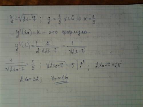 Вкакой точке касательная к графику функции y= корень из(2x-7) параллельна прямой 1/5x + 6?