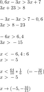0,6x-3x\ \textgreater \ 3x+7 \\
3x+23\ \textgreater \ 8 \\ \\
-3x-3x\ \textgreater \ 7-0,6 \\
3x\ \textgreater \ 8-23 \\\\
-6x\ \textgreater \ 6,4 \\
3x\ \textgreater \ -15 \\\\
x\ \textless \ -6,4:6 \\
x\ \textgreater \ -5 \\\\
x\ \textless \ \frac{64}{10} * \frac{1}{6} ~~~ (= - \frac{16}{15}) \\
x\ \textgreater \ -5 \\\\
x \to (-5, - \frac{16}{15})