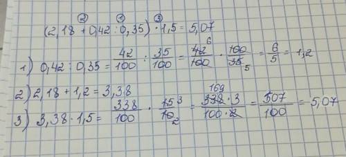 Как решить ( 2,18 + 0,42: 0,35)×1,5