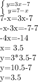 \left \{ {{y=3x-7} \atop {y=7-x}} \right. 

7-x=3x-7

-x-3x=-7-7

-4x=-14

x= 3.5

y=3*3.5-7

y=10.5-7

y=3.5