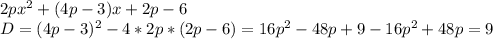 2px^2+(4p-3)x+2p-6 \\ 
D=(4p-3)^2-4*2p*(2p-6)=16p^2-48p+9-16p^2+48p= 9