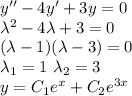 y''-4y'+3y=0\\
\lambda^2-4\lambda+3=0\\
(\lambda-1)(\lambda-3)=0\\
\lambda_1=1 \ \lambda_2=3\\
y=C_1e^x+C_2e^{3x}
