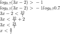 log_{0.7}(3x-2)\ \textgreater \ -1\\
log_{0.7}(3x-2)\ \textgreater \ -1log_{0.7} 0.7\\
3x-2\ \textless \ \frac{10}{7} \\
3x\ \textless \ \frac{10}{7} +2\\
3x\ \textless \ \frac{24}{7} \\
x\ \textless \ \frac{8}{7}