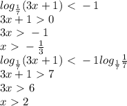 log_{ \frac{1}{7} }(3x+1)\ \textless \ -1\\
3x+1\ \textgreater \ 0\\
3x\ \textgreater \ -1\\
x\ \textgreater \ - \frac{1}{3} \\
log_{ \frac{1}{7} }(3x+1)\ \textless \ -1log_{ \frac{1}{7} }\frac{1}{7}\\
3x+1\ \textgreater \ 7\\
3x\ \textgreater \ 6\\
x\ \textgreater \ 2
