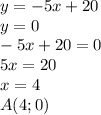 y =-5x+ 20 \\
y=0 \\ 
-5x+20=0\\
5x=20\\
x=4\\
A(4;0)

