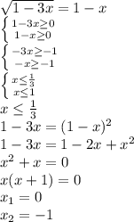\sqrt{1-3x}=1-x\\
 \left \{ {{1-3x \geq 0} \atop {1-x \geq 0}} \right. \\
 \left \{ {{-3x \geq -1} \atop {-x \geq -1}} \right. \\
 \left \{ {{x \leq \frac{1}{3} } \atop {x \leq 1}} \right. \\
x \leq \frac{1}{3}\\
1-3x=(1-x)^2\\
1-3x=1-2x+x^2\\
x^2+x=0\\
x(x+1)=0\\
x_1=0\\
x_2=-1
