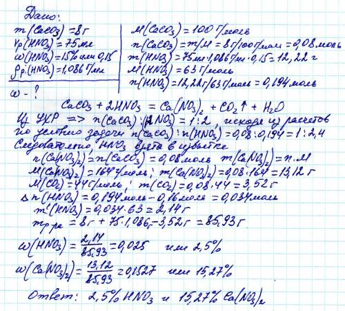 Ккарбонату кальция массой 8 г прилили 75 мл 15%- го раствора азотной кислоты(р-1.086) вычислите масс