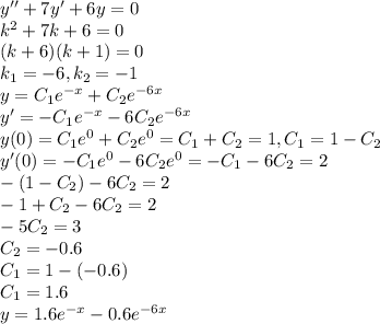 y''+7y'+6y=0\\k^2+7k+6=0\\(k+6)(k+1)=0\\k_1=-6,k_2=-1\\y=C_1e^{-x}+C_2e^{-6x}\\y'=-C_1e^{-x}-6C_2e^{-6x}\\y(0)=C_1e^0+C_2e^0=C_1+C_2=1, C_1=1-C_2\\y'(0)=-C_1e^0-6C_2e^0=-C_1-6C_2=2\\-(1-C_2)-6C_2=2\\-1+C_2-6C_2=2\\-5C_2=3\\C_2=-0.6\\C_1=1-(-0.6)\\C_1=1.6\\y=1.6e^{-x}-0.6e^{-6x}
